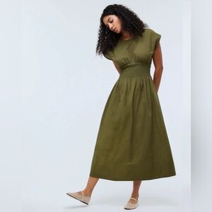 Madewell Smocked Waist Midi Dress in Stripe Seersucker Desert Olive